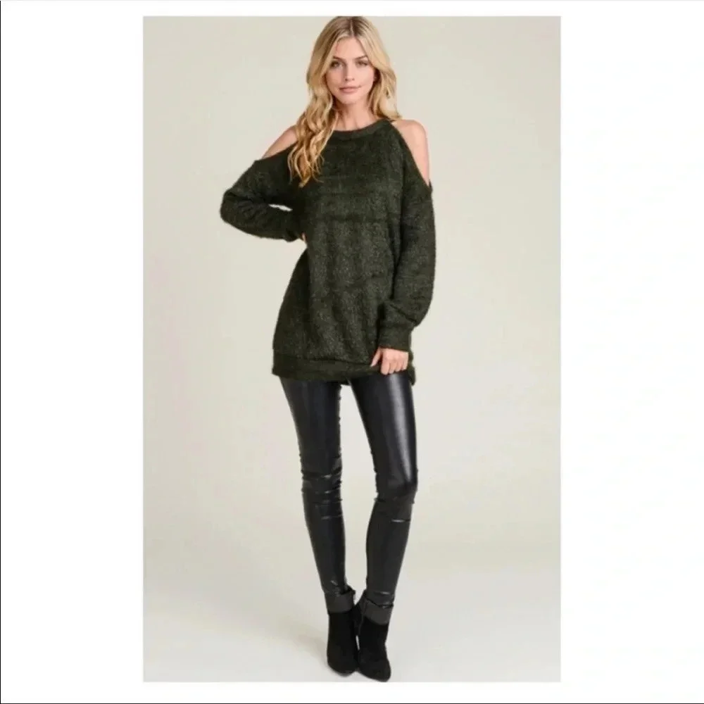 Olive Green Cold Shoulder Sweater | Cozy Fall Knit Pullover Top